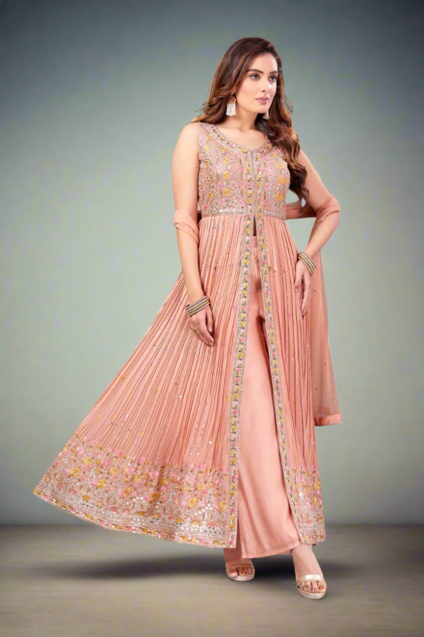 Peach Pink Center Cut Anarkali Palazzo Set