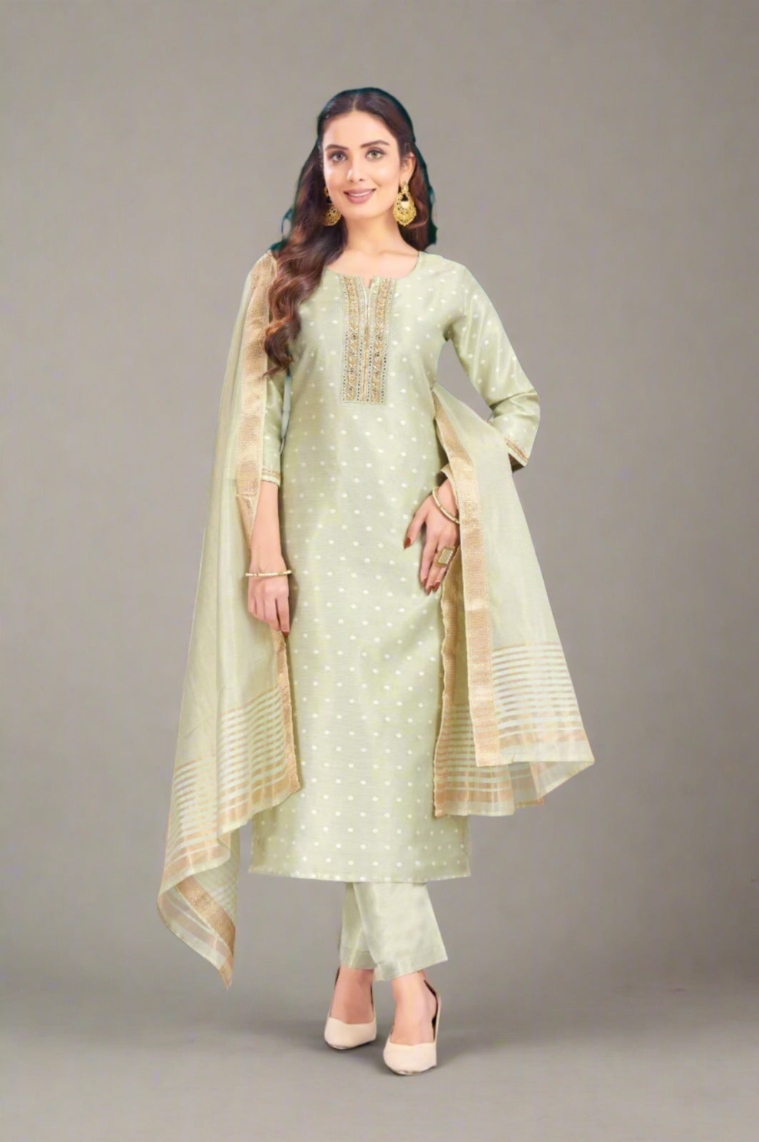Light Pista Green Silk Kurti Set