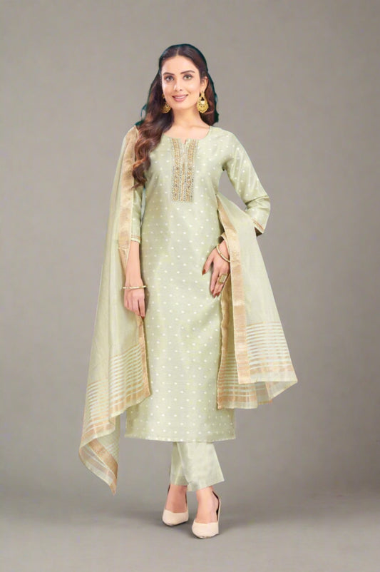 Light Pista Green Silk Kurti Set