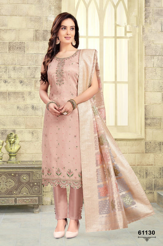 Peach Pink Silk Kurti Pant Set with Dupatta