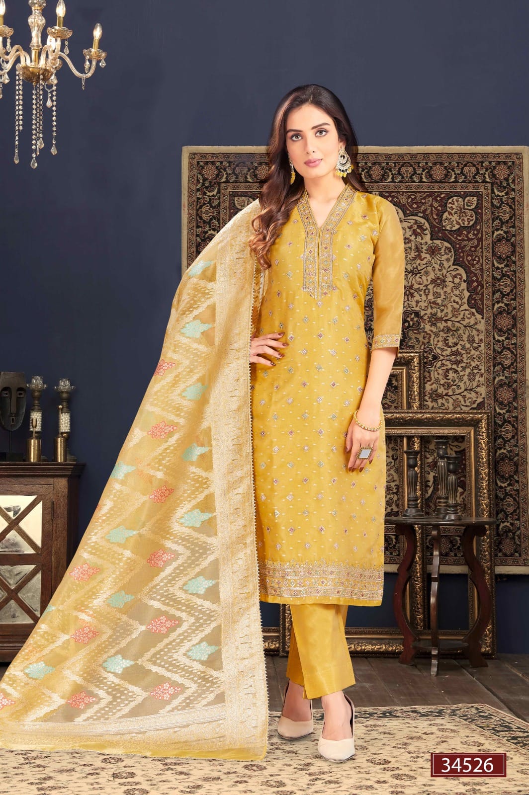 Lemon Yellow Silk Printed Kurti Pant Set