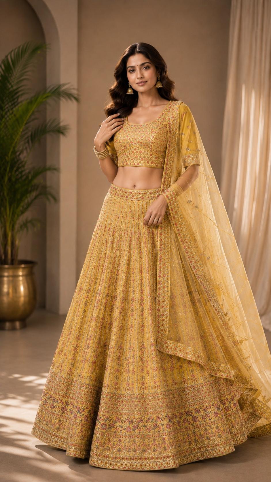 Mustard Yellow Embroidered Lehenga Choli Set with Floral Pattern & Designer Dupatta | Festive & Wedding Wear