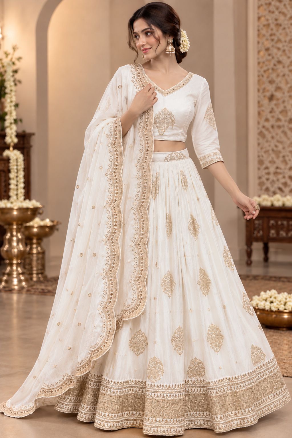 Ivory White Embroidered Lehenga Choli Set with Golden Zari Work, Traditional Motifs & Scalloped Dupatta | Wedding & Festive Wear