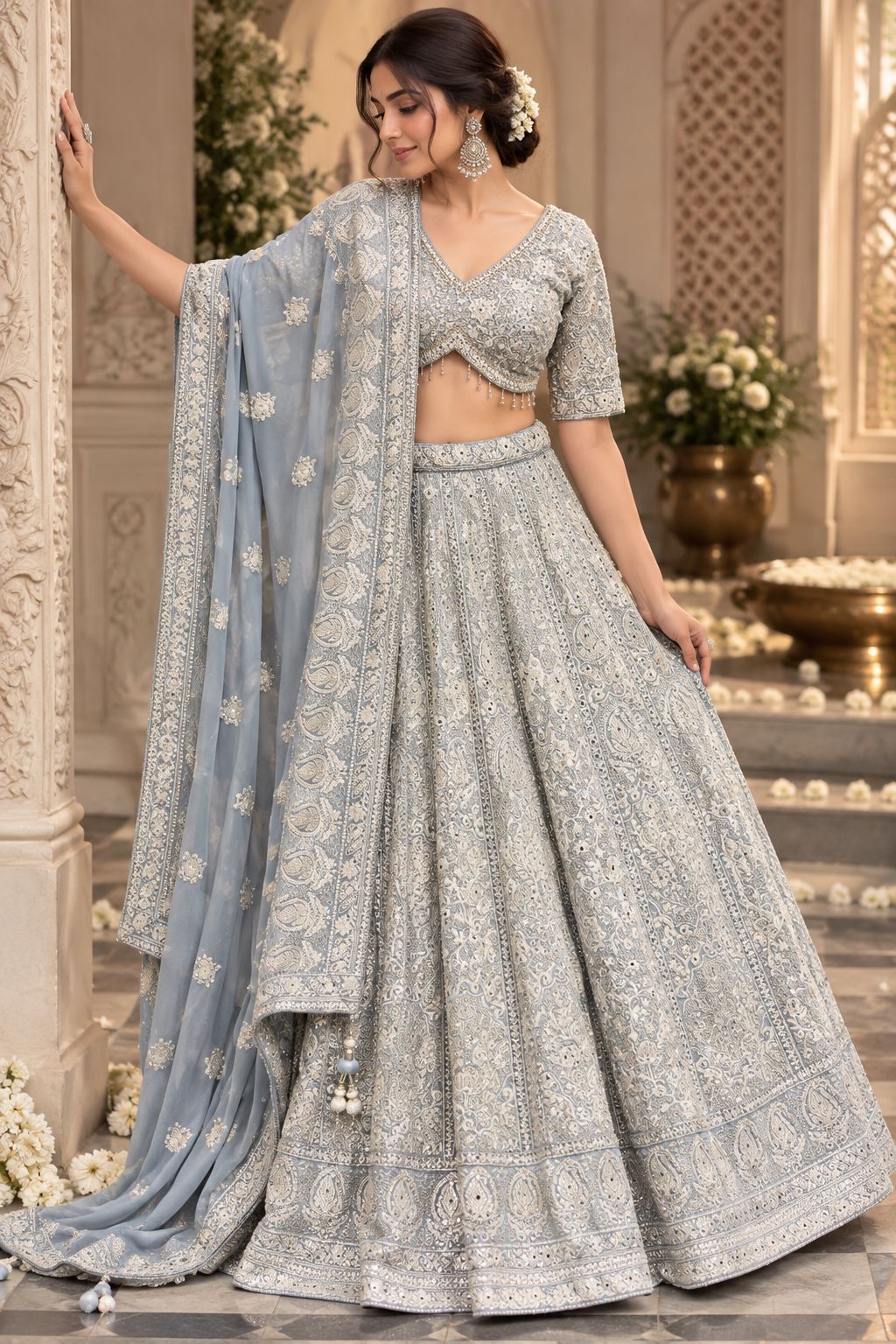 Powder Blue Embroidered Lehenga Choli Set with Intricate Paisley Work, Mirror Details & Matching Dupatta | Wedding & Festive Wear