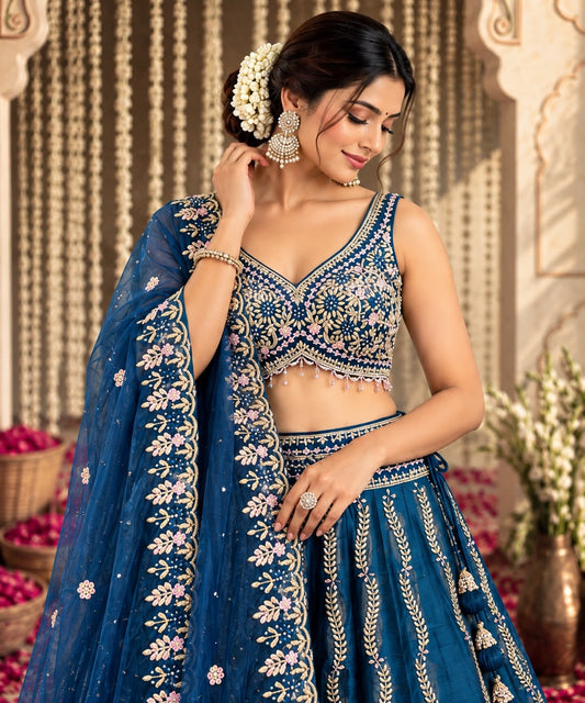 Navy Blue Designer Lehenga Choli with Floral Embroidery & Sequin Work | Elegant Wedding & Festive Wear