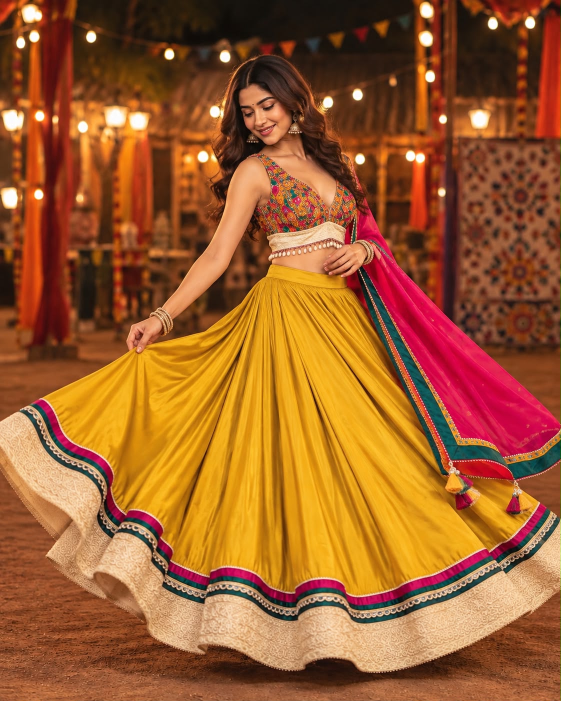 Mustard Yellow Garba Lehenga Choli with Multicolour Border & Traditional Embroidery | Navratri Festive Wear