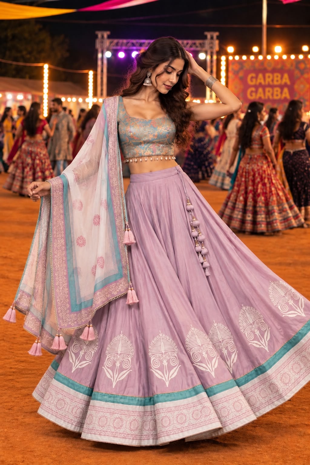Lavender Printed Chaniya Choli with White Floral Motifs and Pastel Dupatta