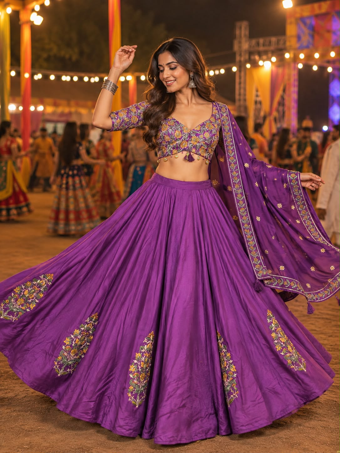 Purple Floral Embroidered Chaniya Choli with Matching Dupatta