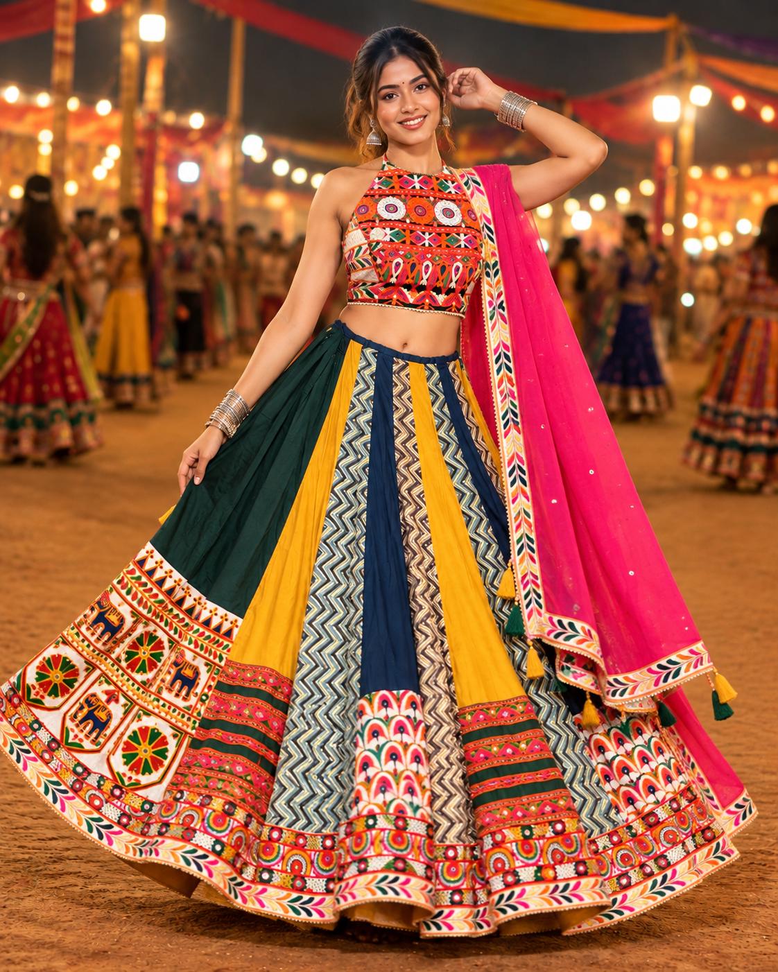 Multicolour Printed Chaniya Choli with Geometric Panels and Pink Dupatta