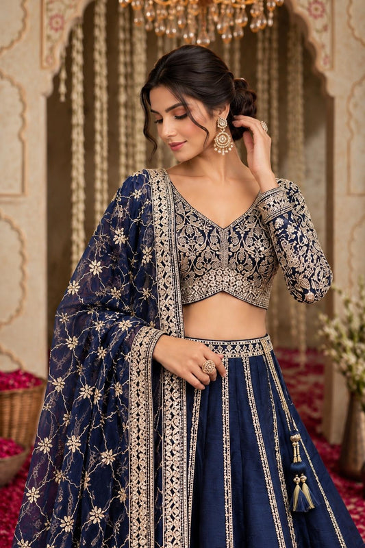 Navy Blue Floral Embroidered Lehenga Choli with Gold Work and Matching Dupatta