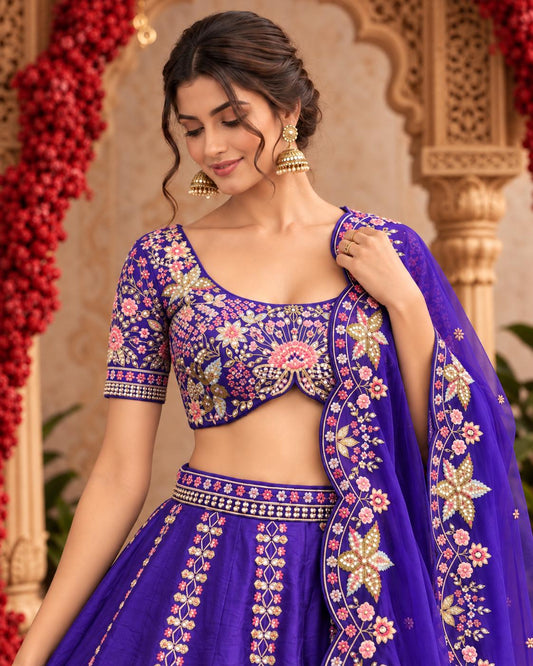 Royal Purple Floral Embroidered Lehenga Choli with Matching Dupatta