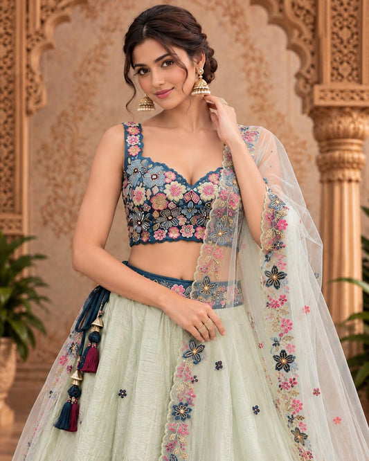 Mint Green and Teal Blue Floral Embroidered Lehenga Choli with Sheer Dupatta