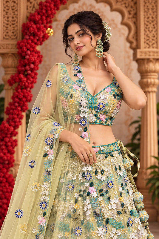 Pastel Yellow Floral Embroidered Lehenga Choli with Layered Skirt and Sheer Dupatta