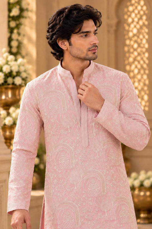 Pastel Pink Printed Embroidered Mid Long Kurta with Mandarin Collar
