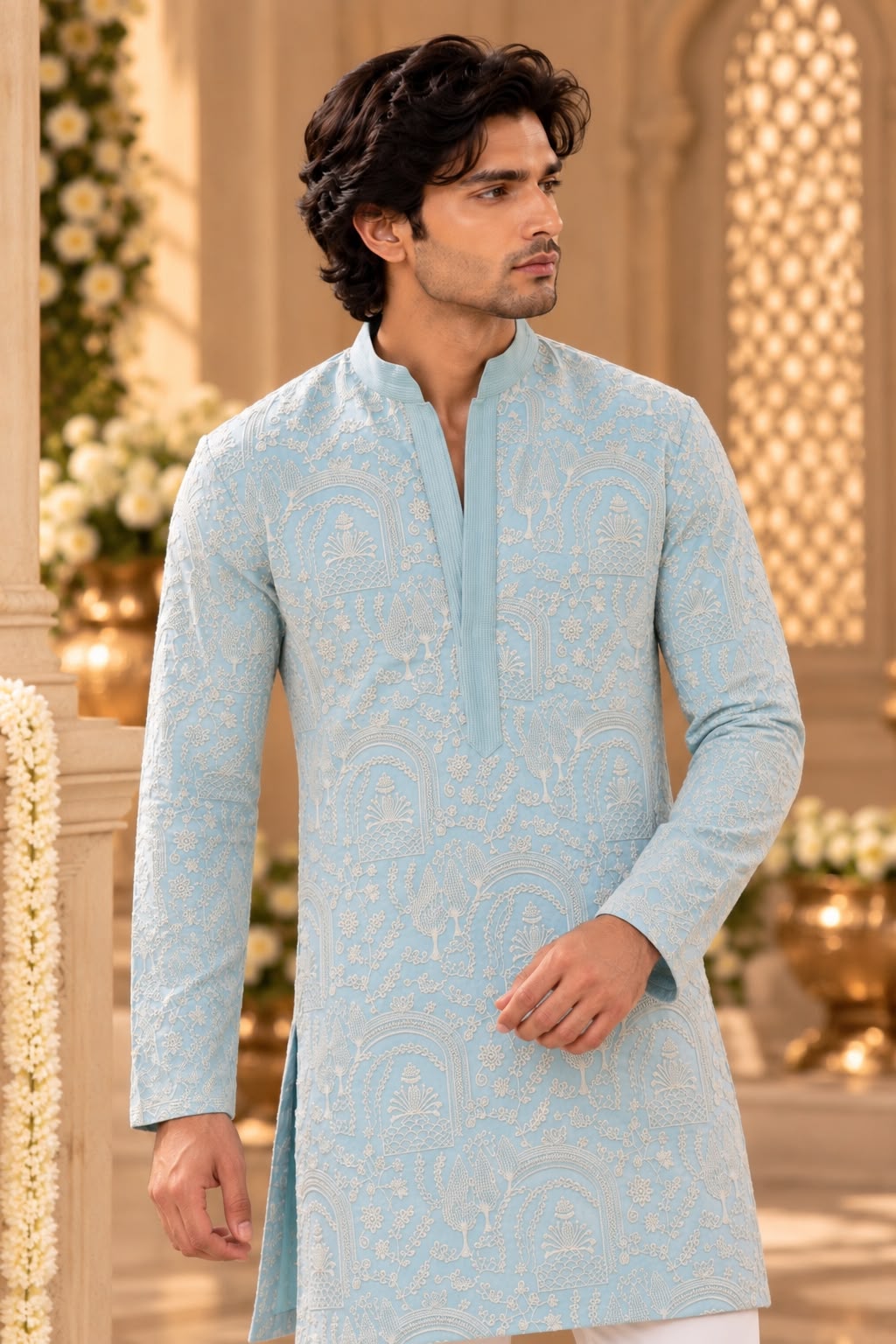Pastel Blue Men's Kurta Set with Intricate Ivory Traditional Pattern