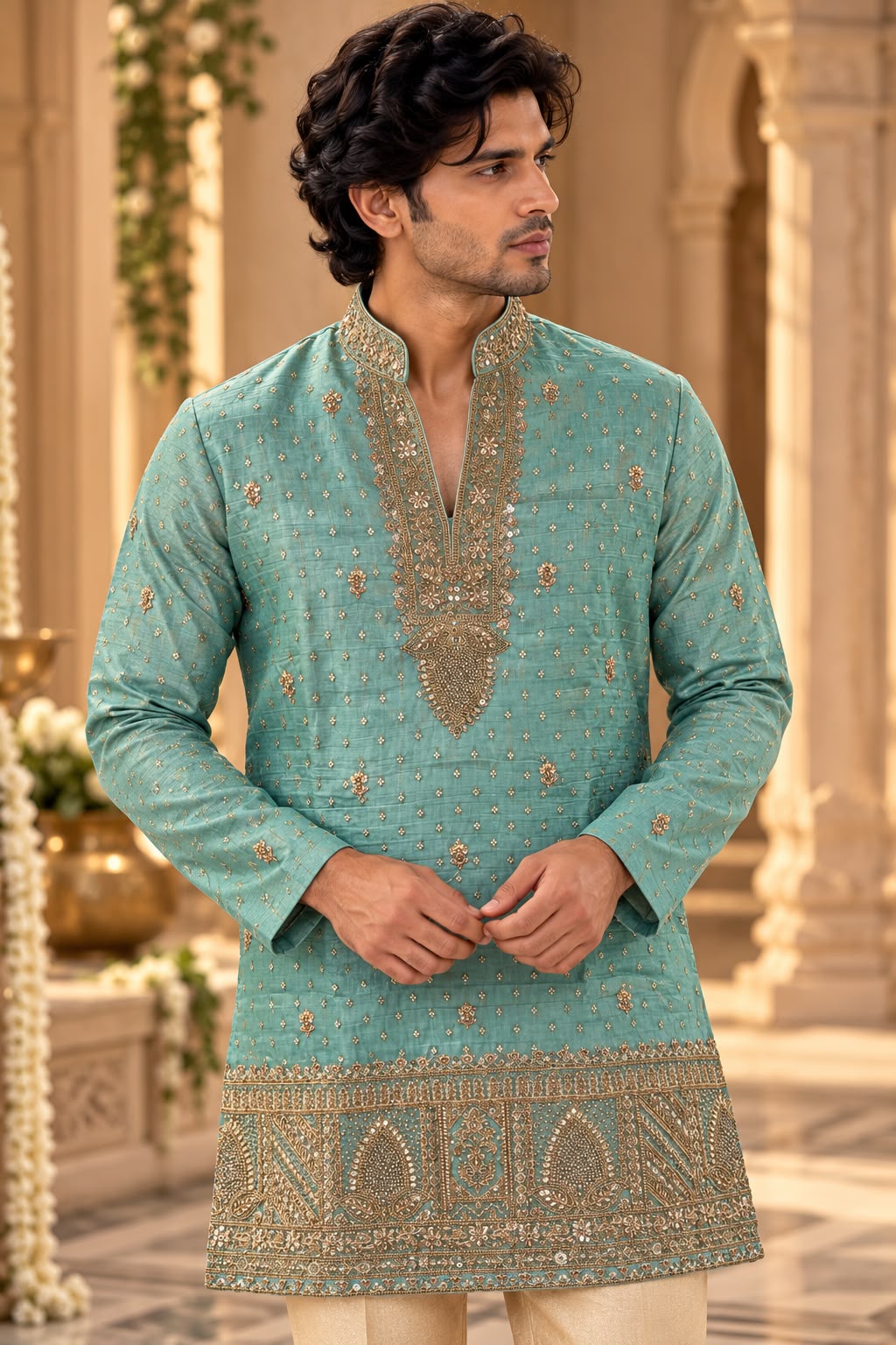 Teal Green Men's Embroidered Kurta Set with Antique Gold Zari Work