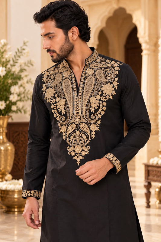 Black Men's Embroidered Kurta Set with Antique Gold Paisley Work