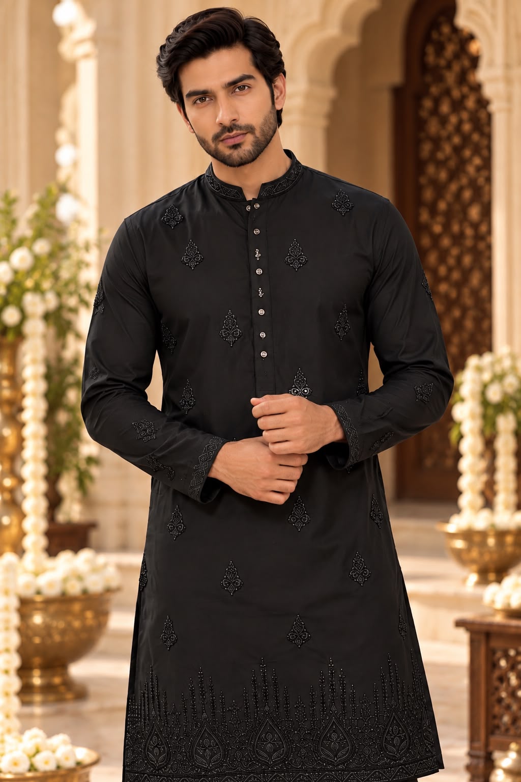 Black Men's Kurta Set with Tonal Embroidery and Ornamental Hem Design