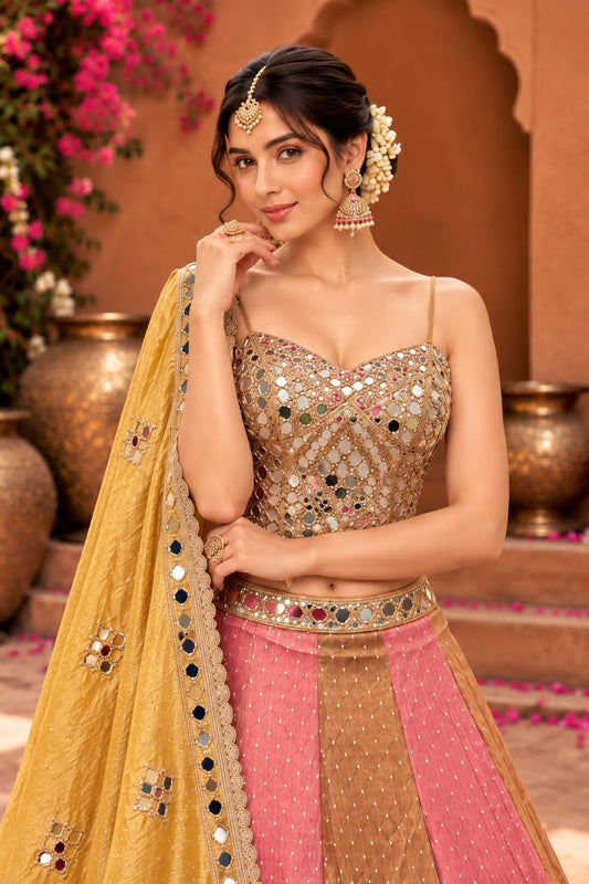 Mustard Yellow and Dusty Pink Bridal Lehenga Choli with Mirror Work and Embroidered Dupatta