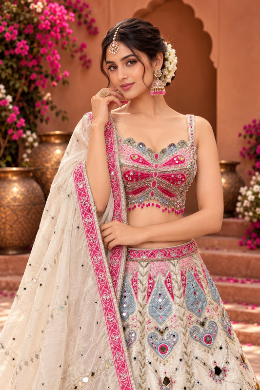 Ivory White Bridal Lehenga Choli with Pink Peacock Embroidery, Mirror Work and Embellished Dupatta