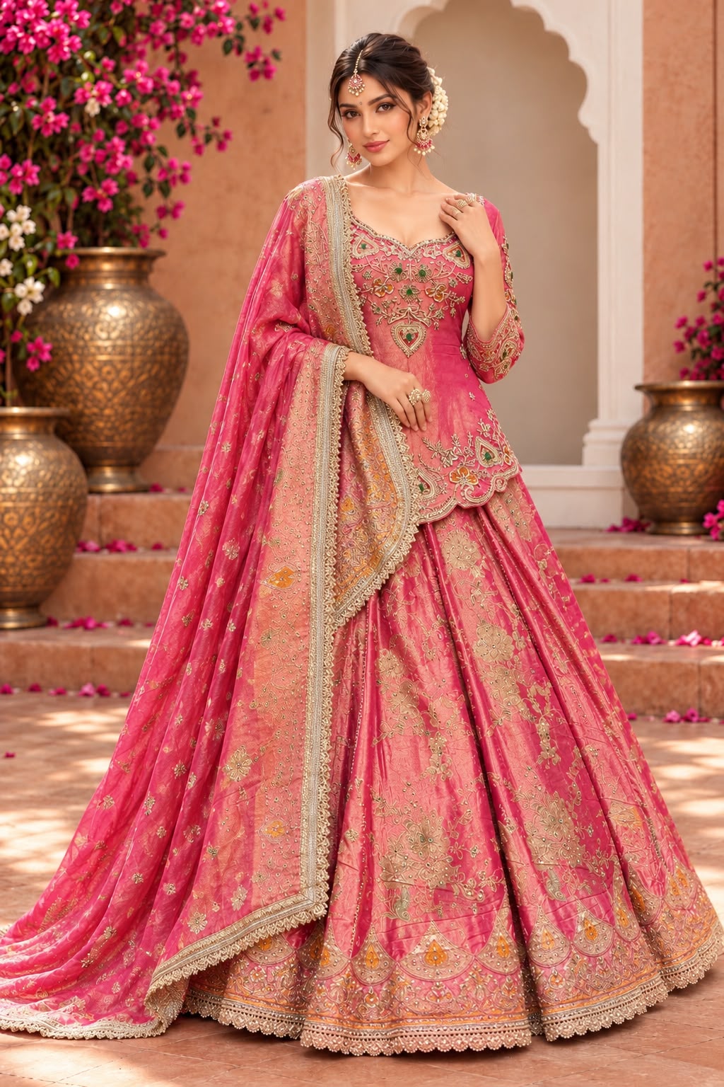 Rani Pink Bridal Lehenga Choli Set with Antique Gold Embroidery and Embellished Dupatta