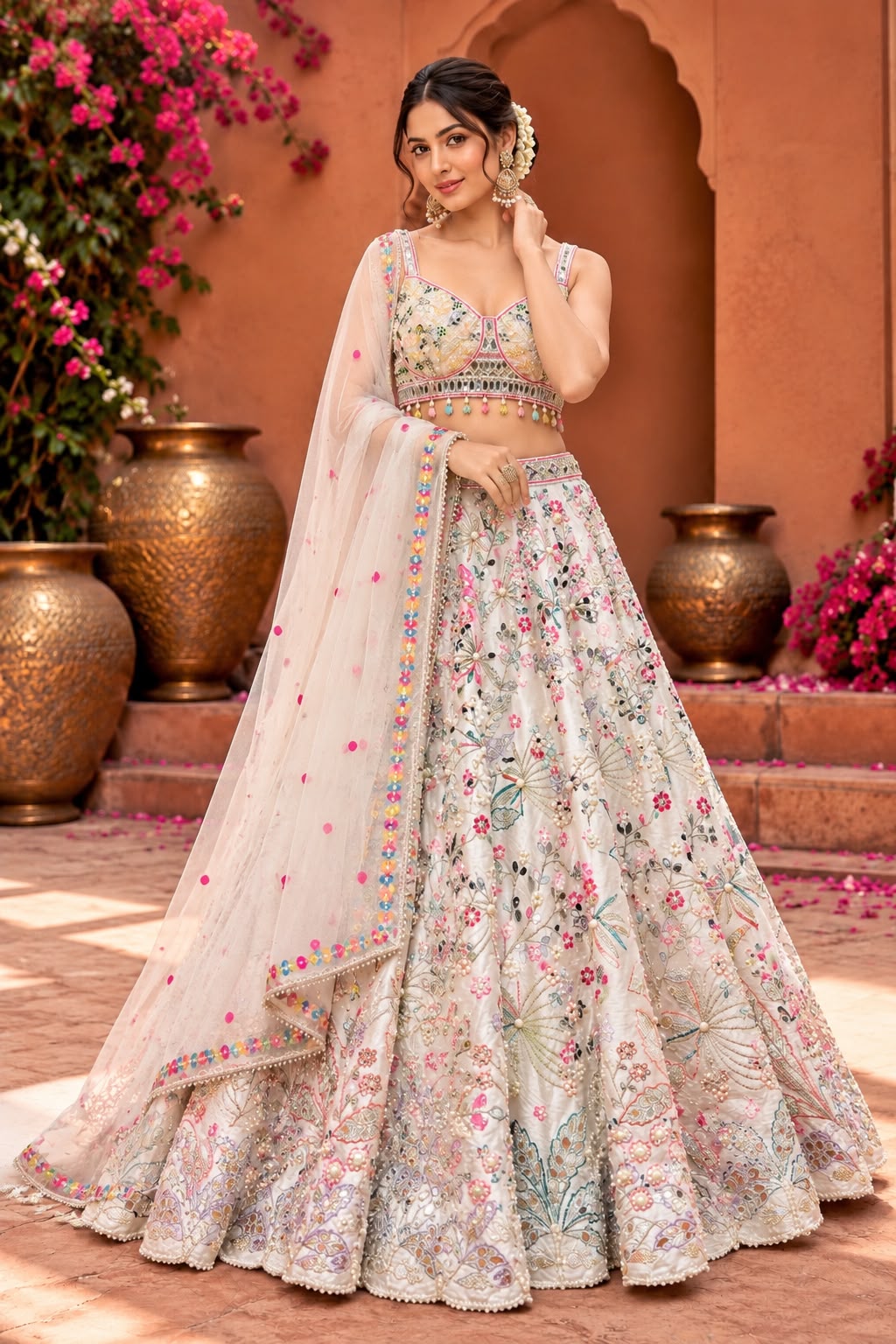 Ivory White Floral Embroidered Bridal Lehenga Choli with Multicolour Embellishments and Sheer Dupatta