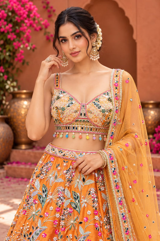 Mustard Orange Floral Embroidered Lehenga Choli with Multicolour Threadwork and Sheer Dupatta