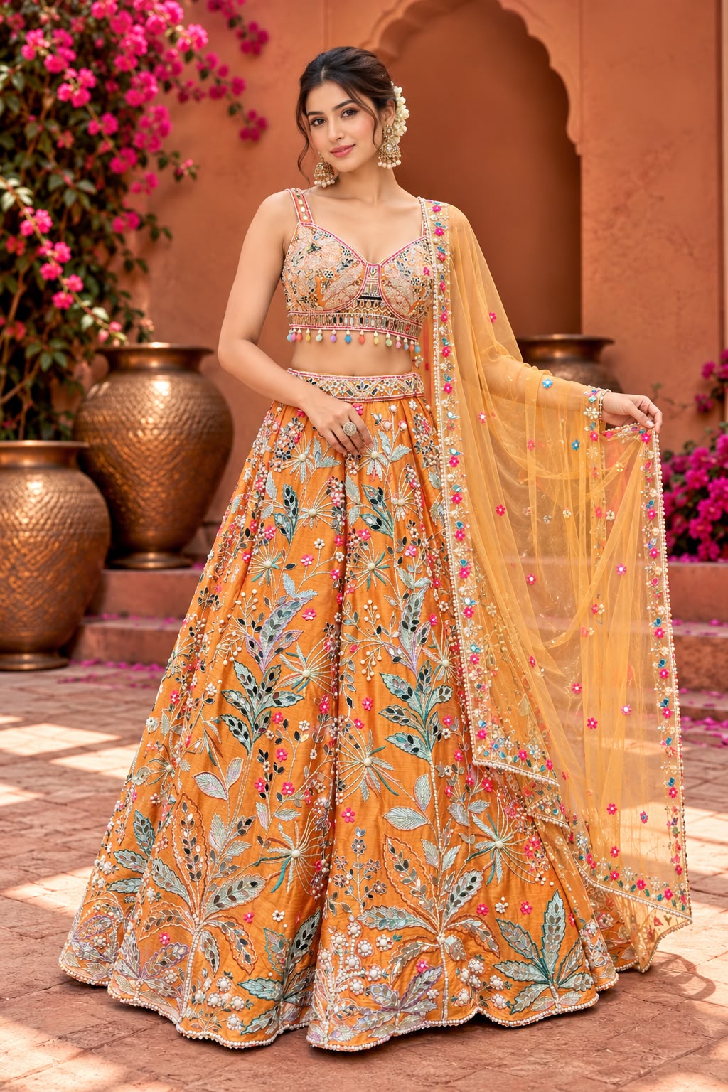 Mustard Orange Floral Embroidered Lehenga Choli with Multicolour Threadwork and Sheer Dupatta