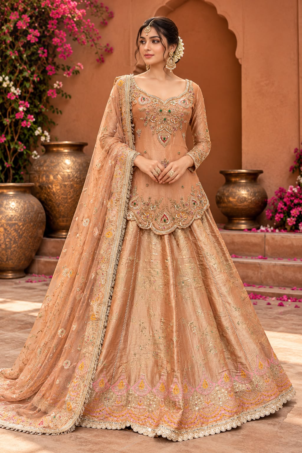 Rose Gold Embroidered Peplum Lehenga Choli Set with Pink and Gold Scalloped Border