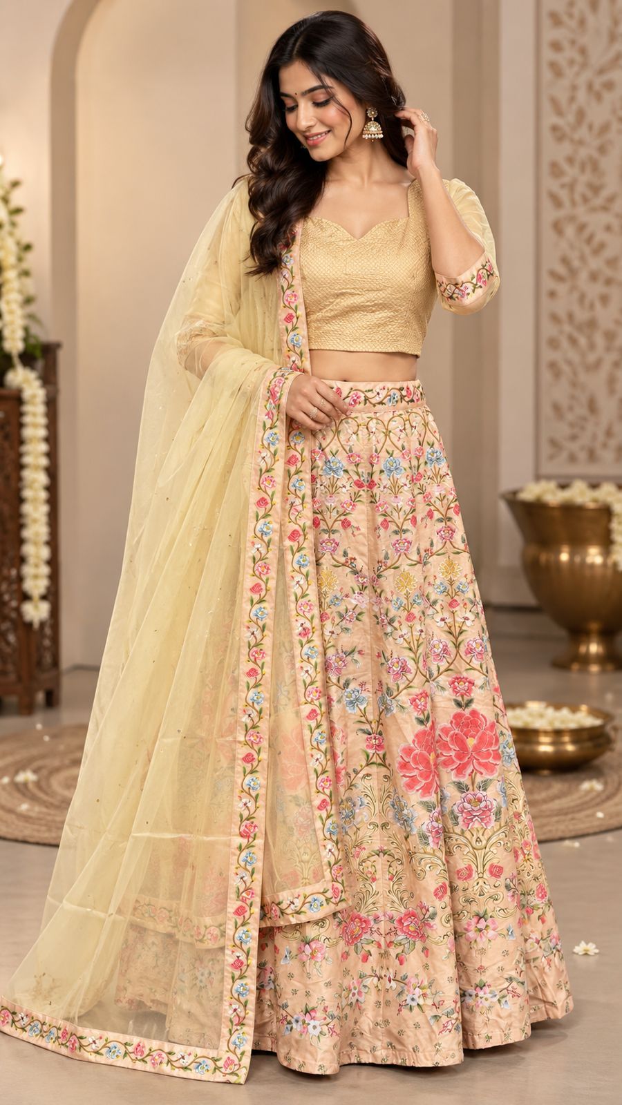 Peach Beige Floral Printed Lehenga Choli Set with Embroidered Blouse, Sheer Dupatta & Multicolour Floral Border | Festive Wear