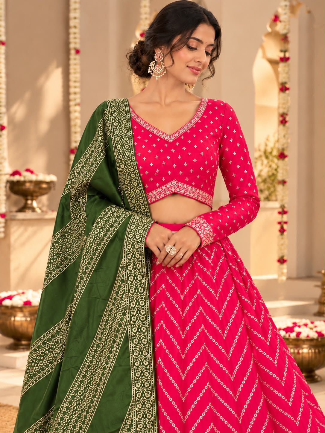 Rani Pink & Olive Green Designer Lehenga Choli Set with Chevron Sequin Work, Printed Dupatta & Intricate Border | Festive & Wedding Wear