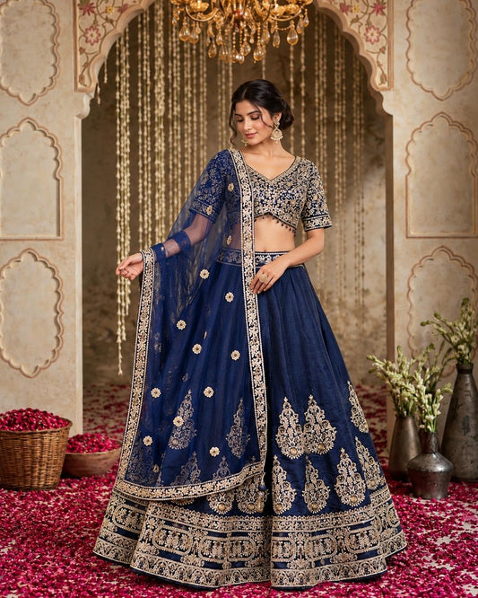 Navy Blue Embroidered Lehenga Choli with Gold Floral Work and Sheer Dupatta