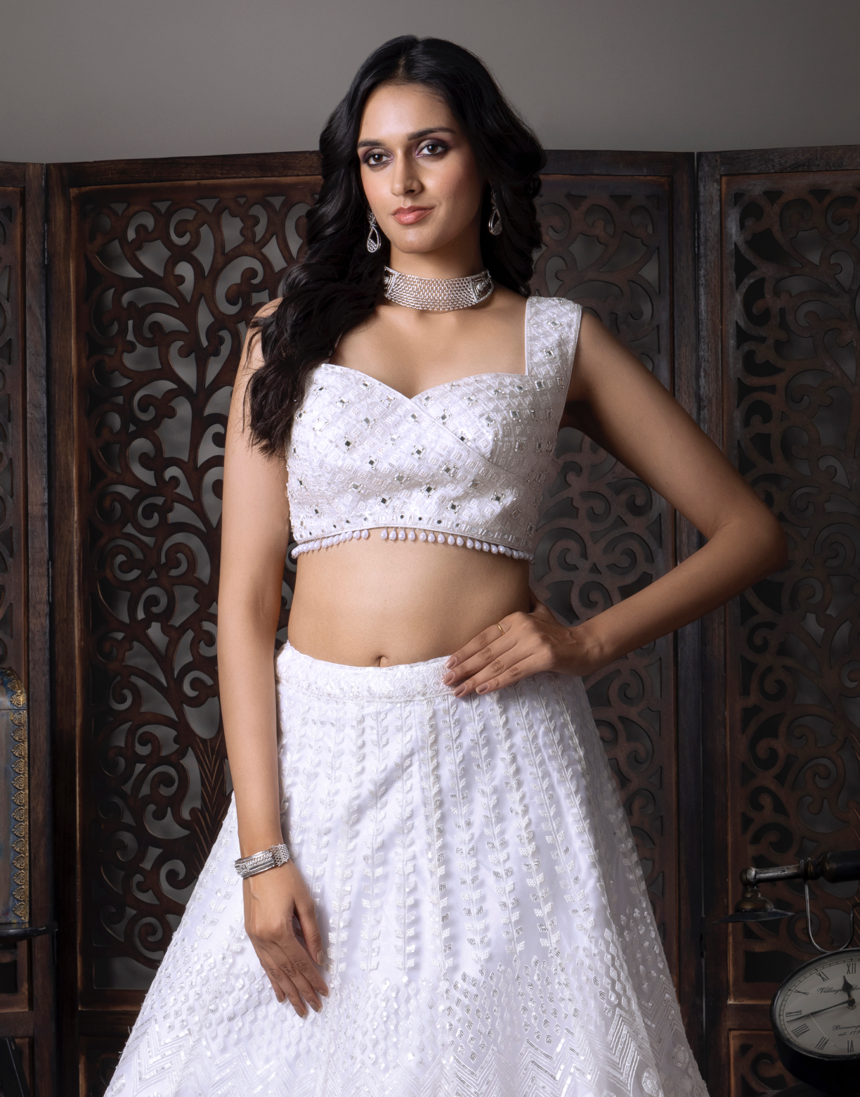 White Embroidered Net Lehenga Choli