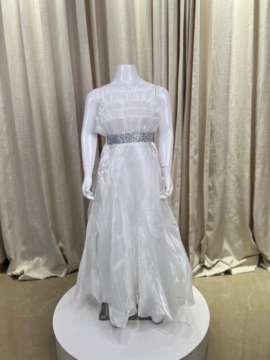 White Organza Gown with Pleated Bodice and Embellished Waist