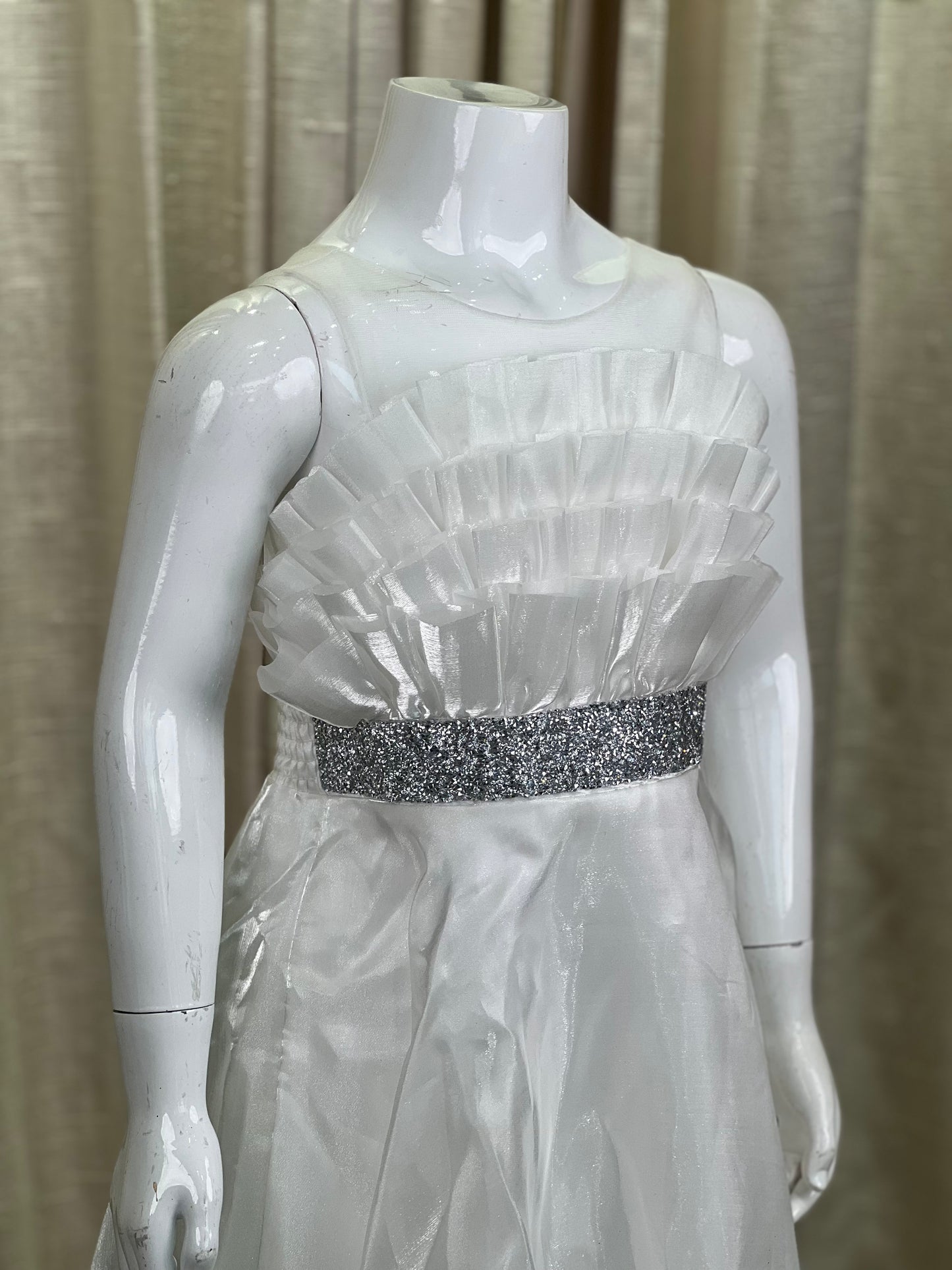White Organza Gown with Pleated Bodice and Embellished Waist