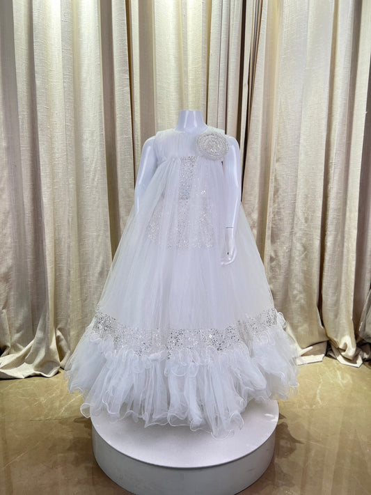 White Sequin Net Gown with Floral Detail