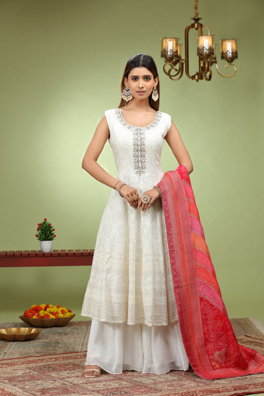 White Anarkali Kurta With Silk Dupatta