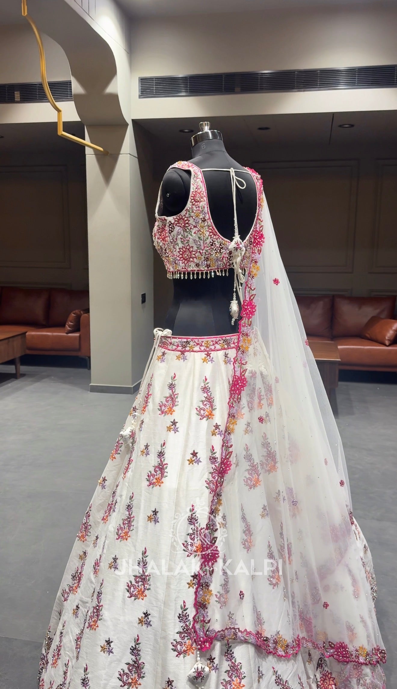 White & Pink Floral Embroidered Festive Lehenga Set