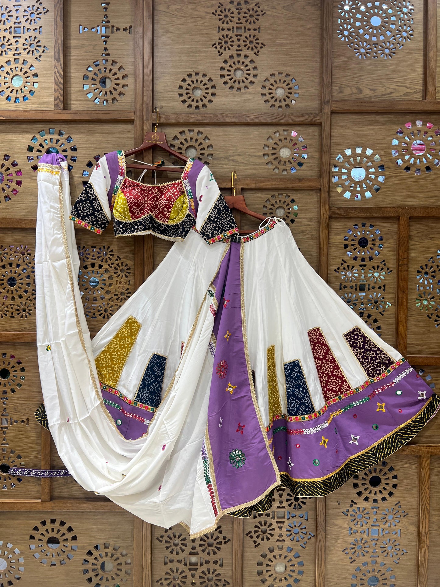White & Purple Patchwork Chaniya Choli with Bandhani Blouse and Dupatta