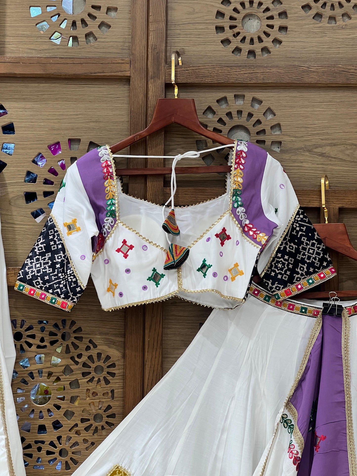 White & Purple Patchwork Chaniya Choli with Bandhani Blouse and Dupatta