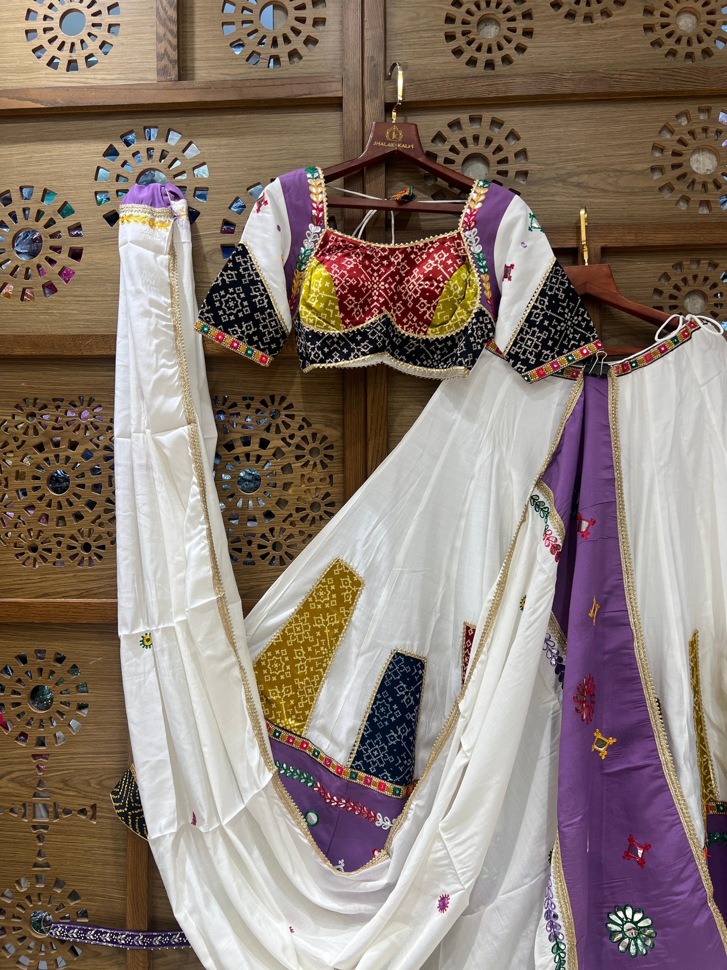 White & Purple Patchwork Chaniya Choli with Bandhani Blouse and Dupatta