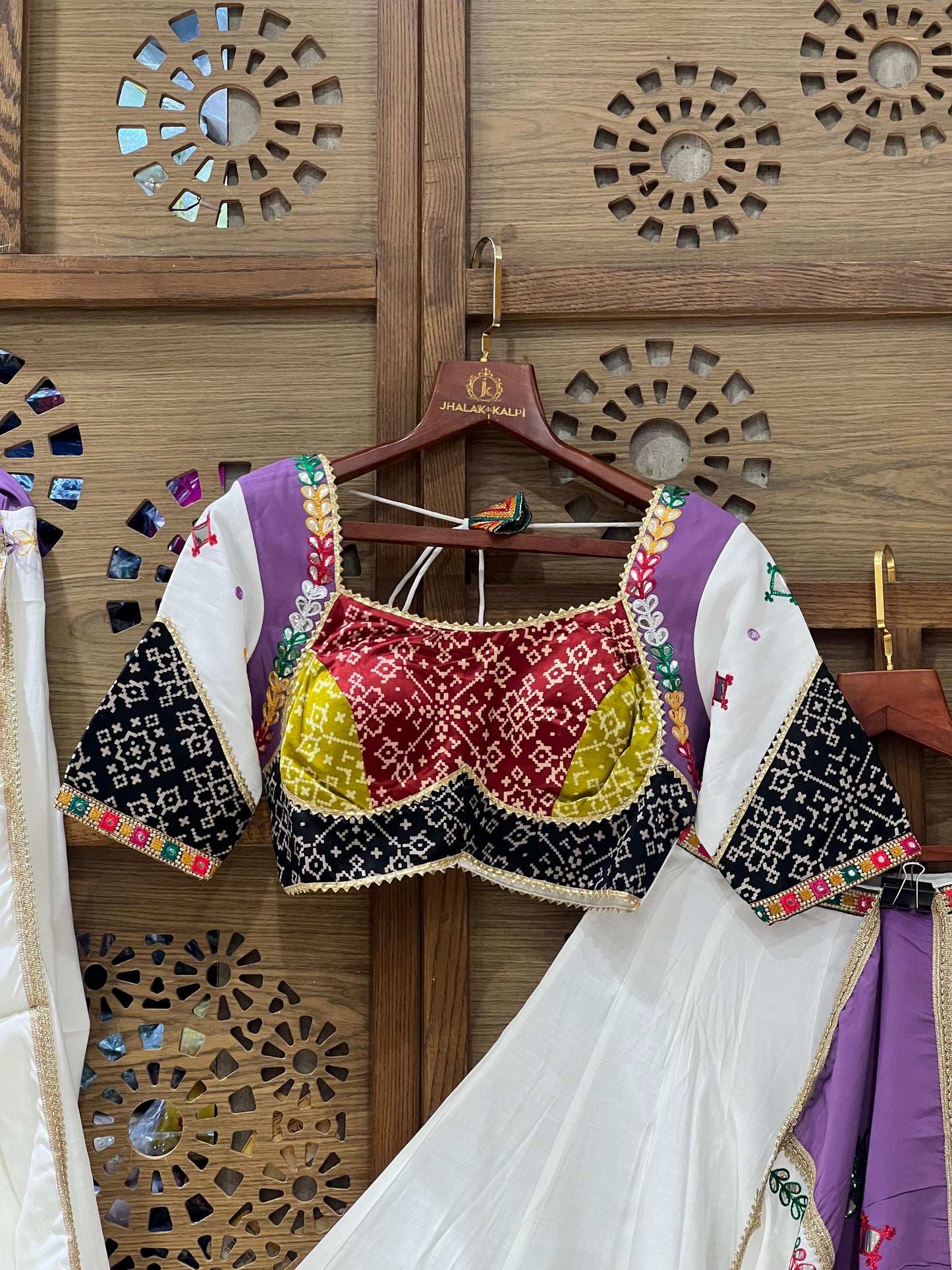 White & Purple Patchwork Chaniya Choli with Bandhani Blouse and Dupatta