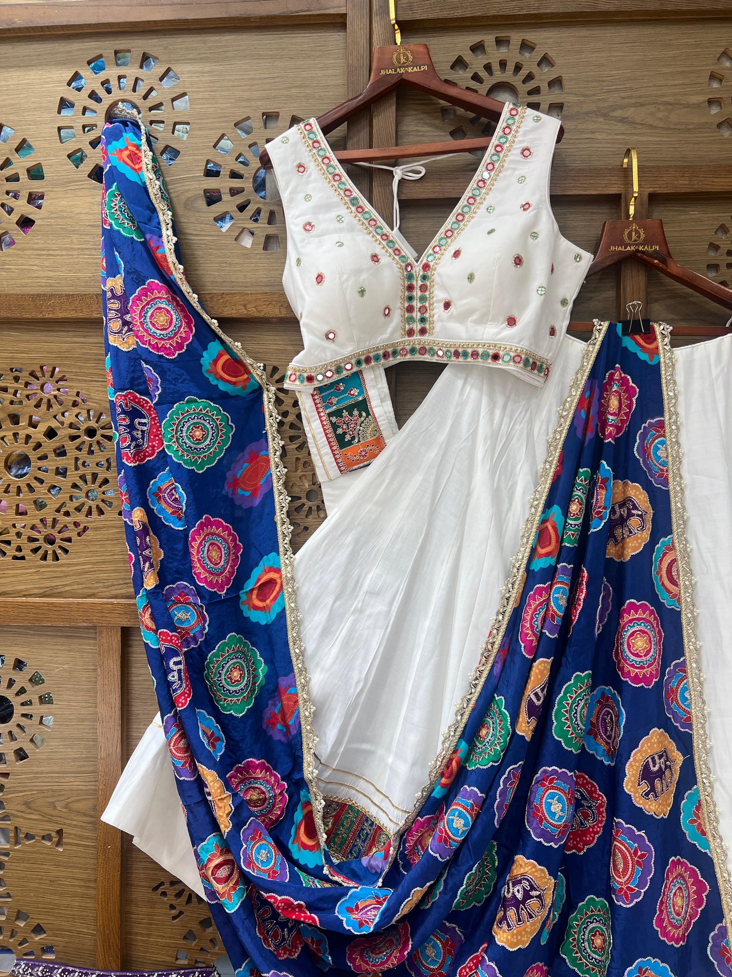 White and Navy Blue Gujarati Navratri Chaniya Choli