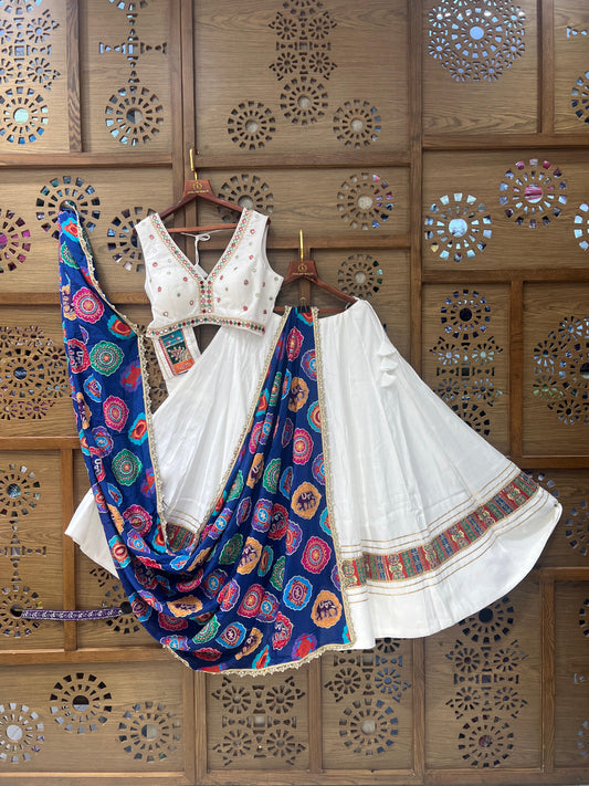 White and Navy Blue Gujarati Navratri Chaniya Choli