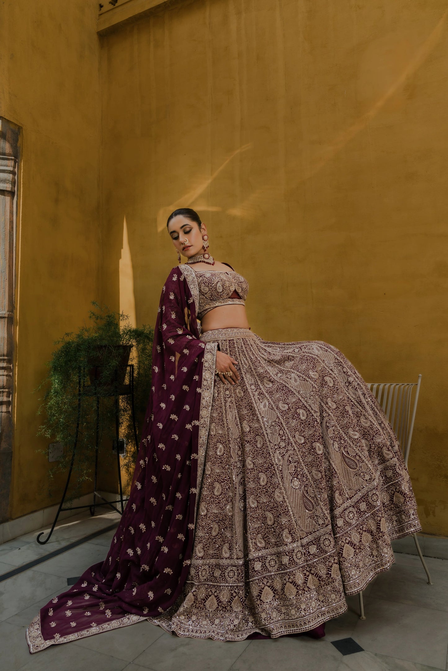 Wine Georgette Lehenga with Zardosi & Sequin Embroidery