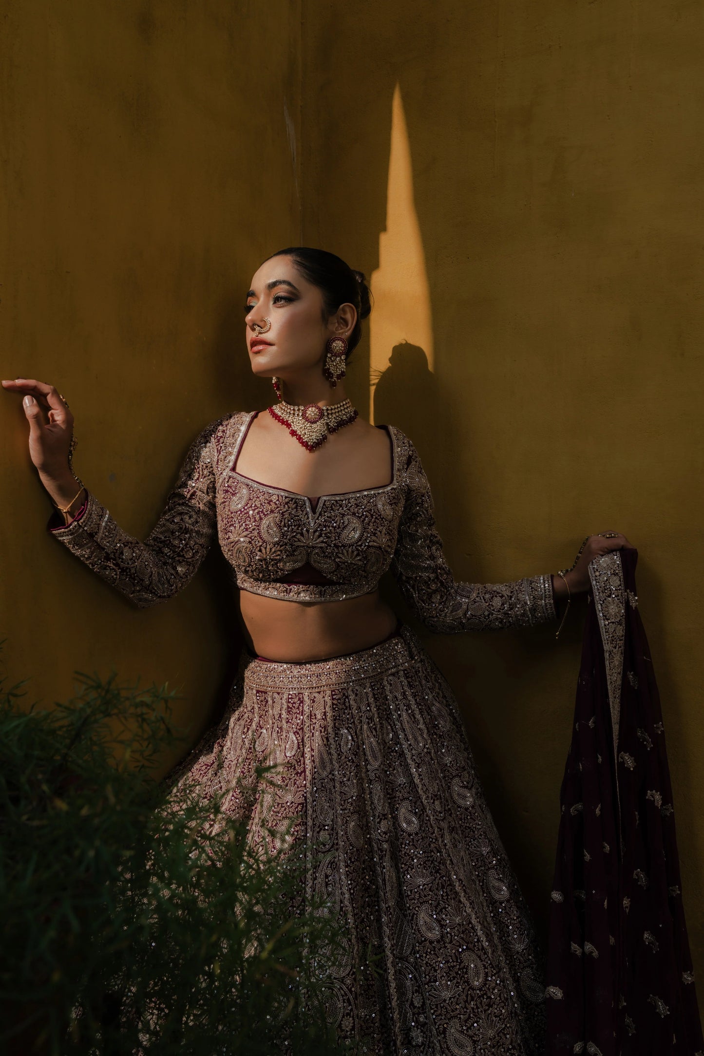 Wine Georgette Lehenga with Zardosi & Sequin Embroidery