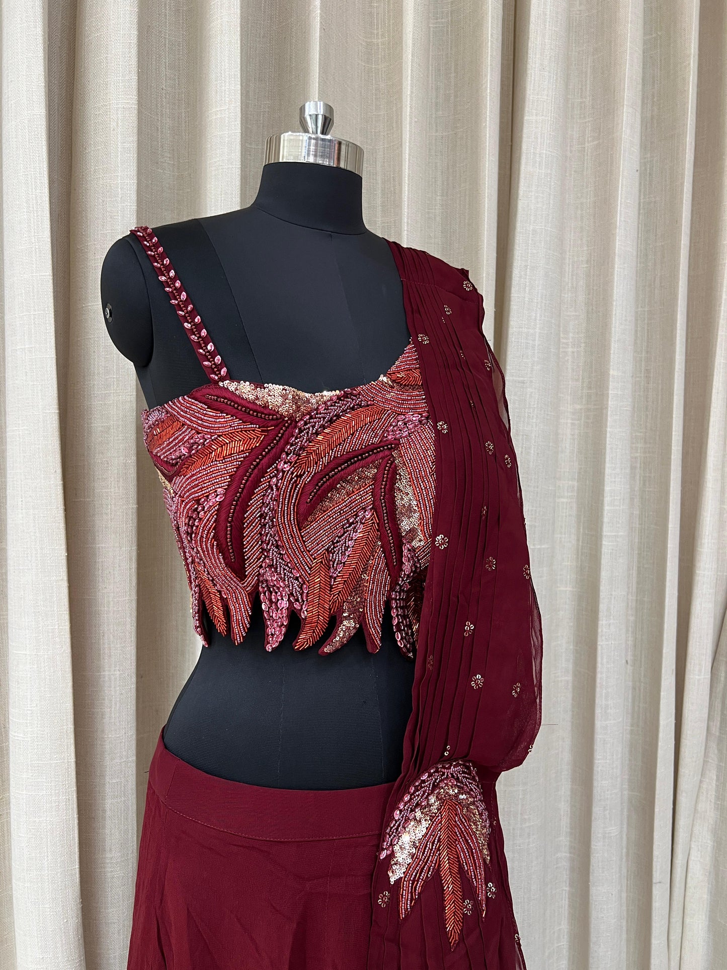 Wine Maroon Embellished Lehenga Set with Sequined Blouse and Ruffled Dupatta