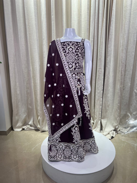 Wine One-Shoulder Embroidered Lehenga Set with Dupatta