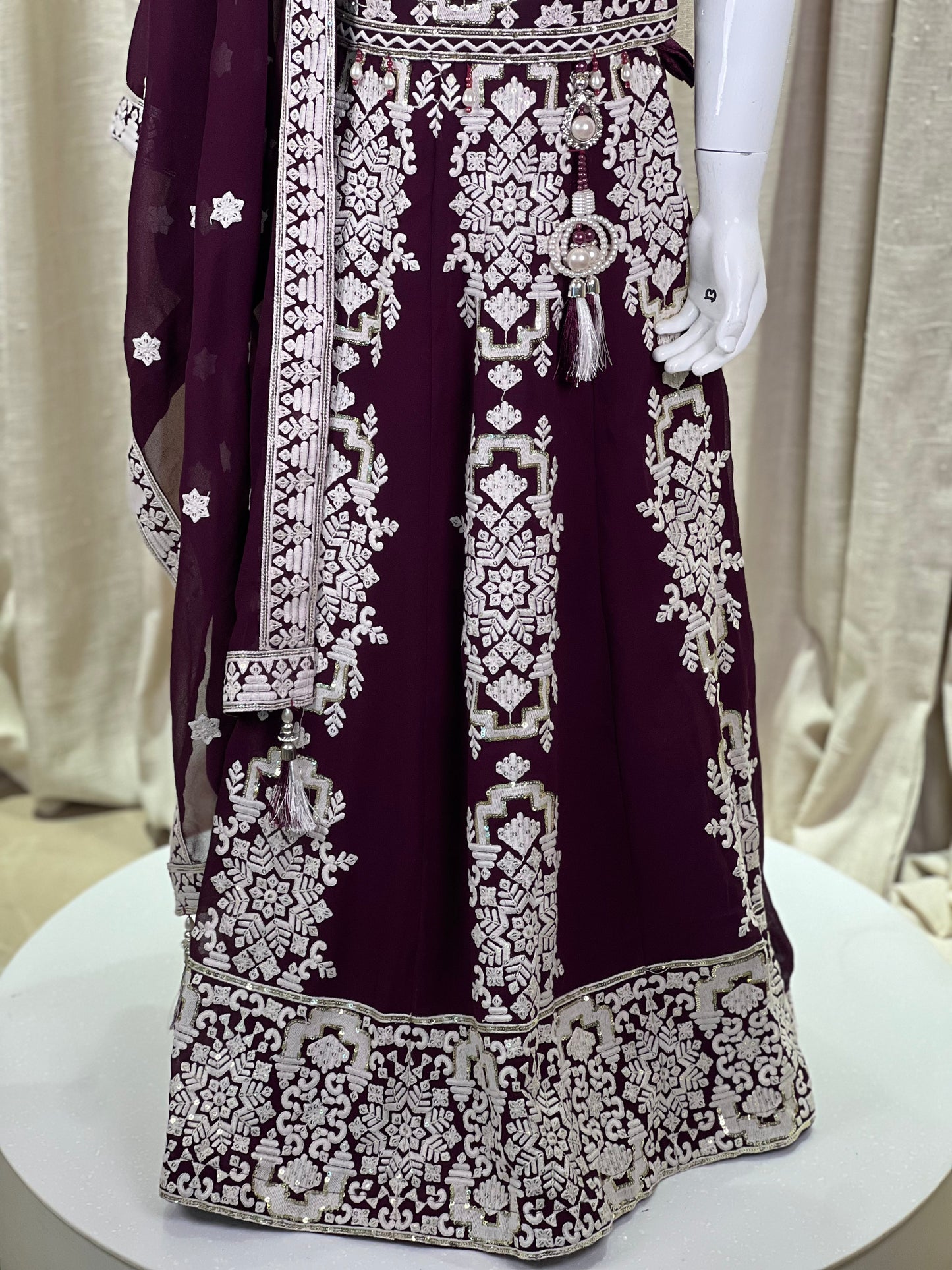 Wine One-Shoulder Embroidered Lehenga Set with Dupatta
