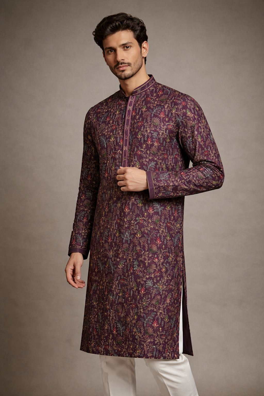 Wine Purple Multicolor Floral Embroidered Straight Kurta Set for Men